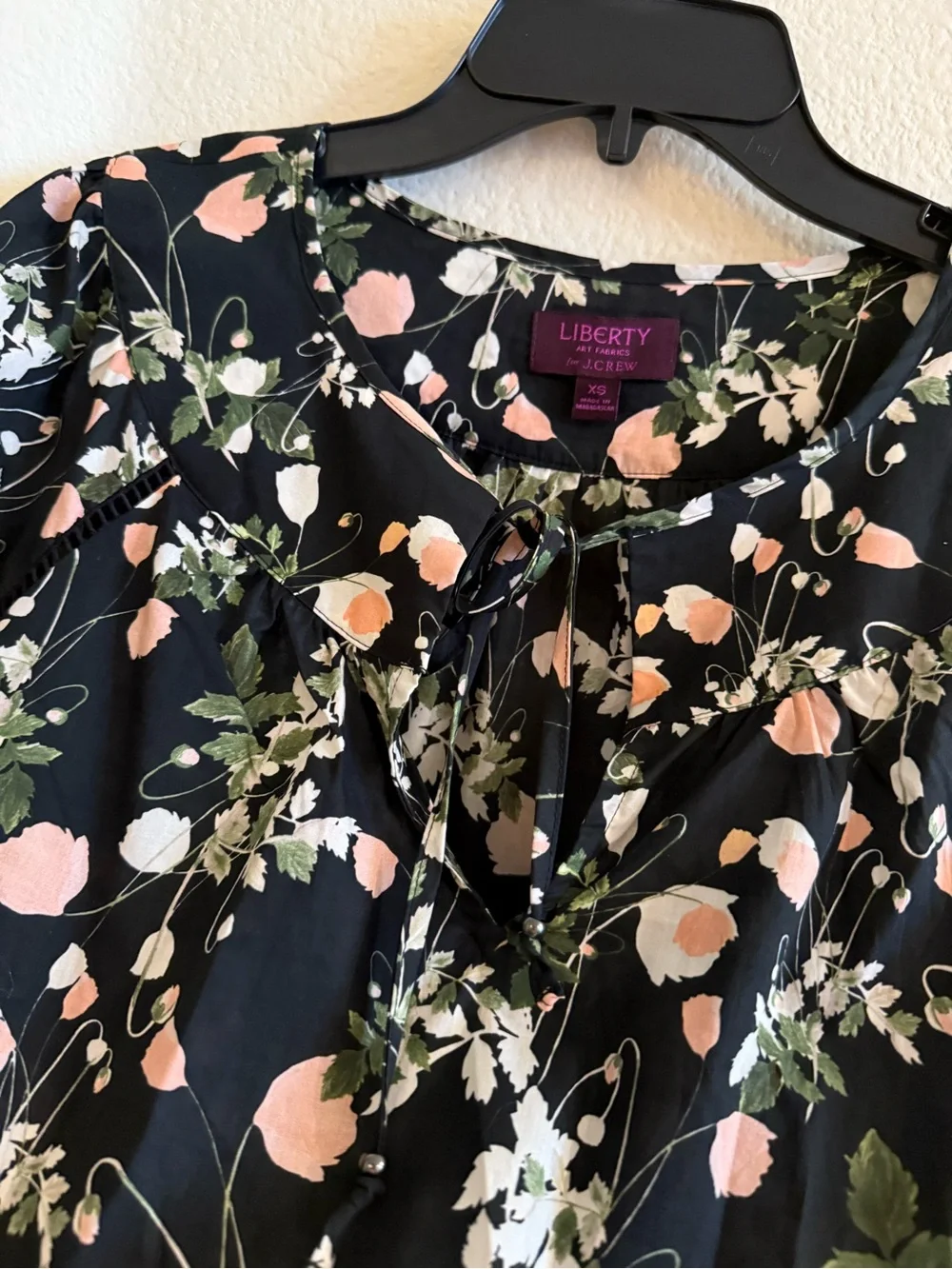 J. Crew Black Poppy Dream Liberty Floral Front Tie Peasant Blouse